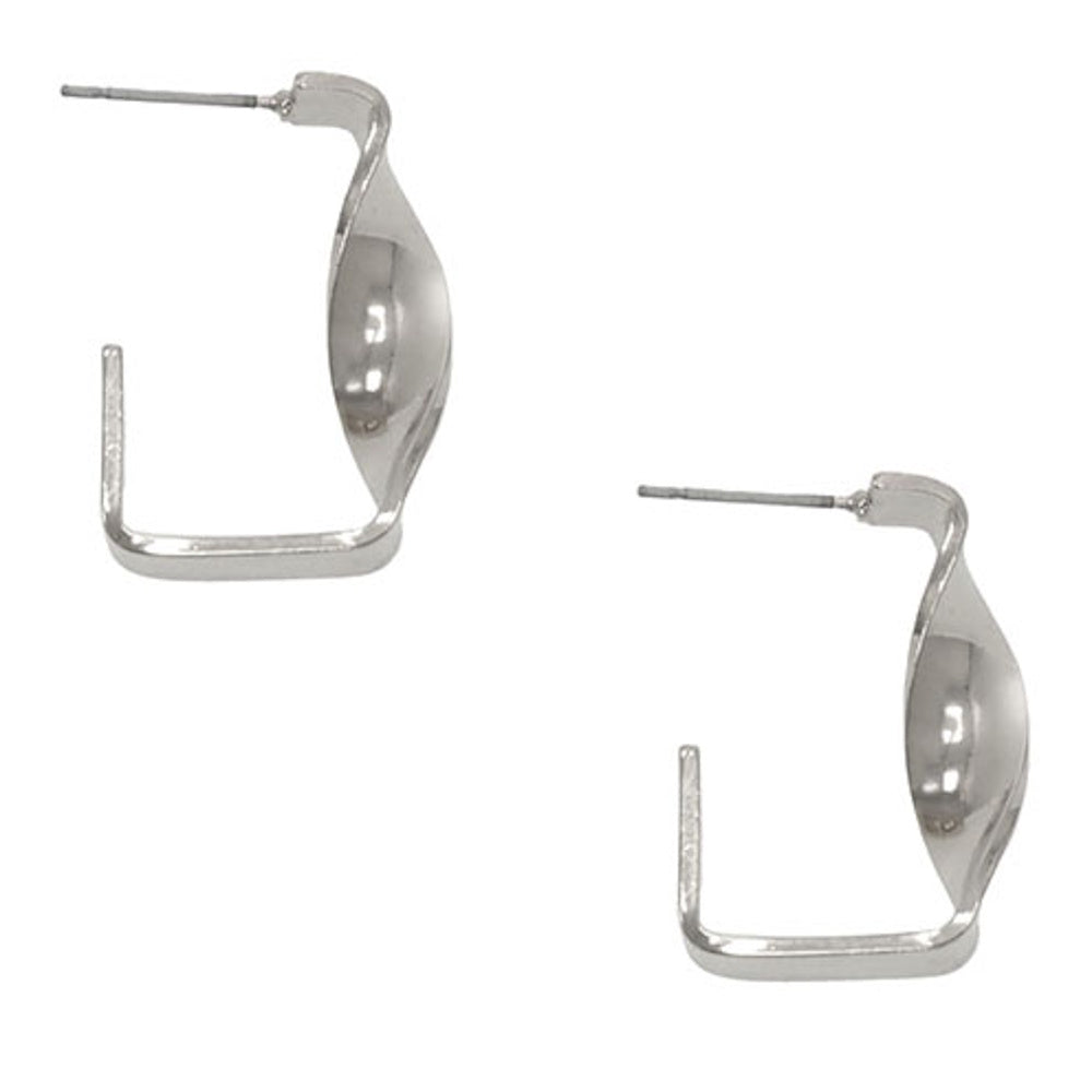 Silver twisted angle hoop post earrings with a sleek, polished finish on a white background.