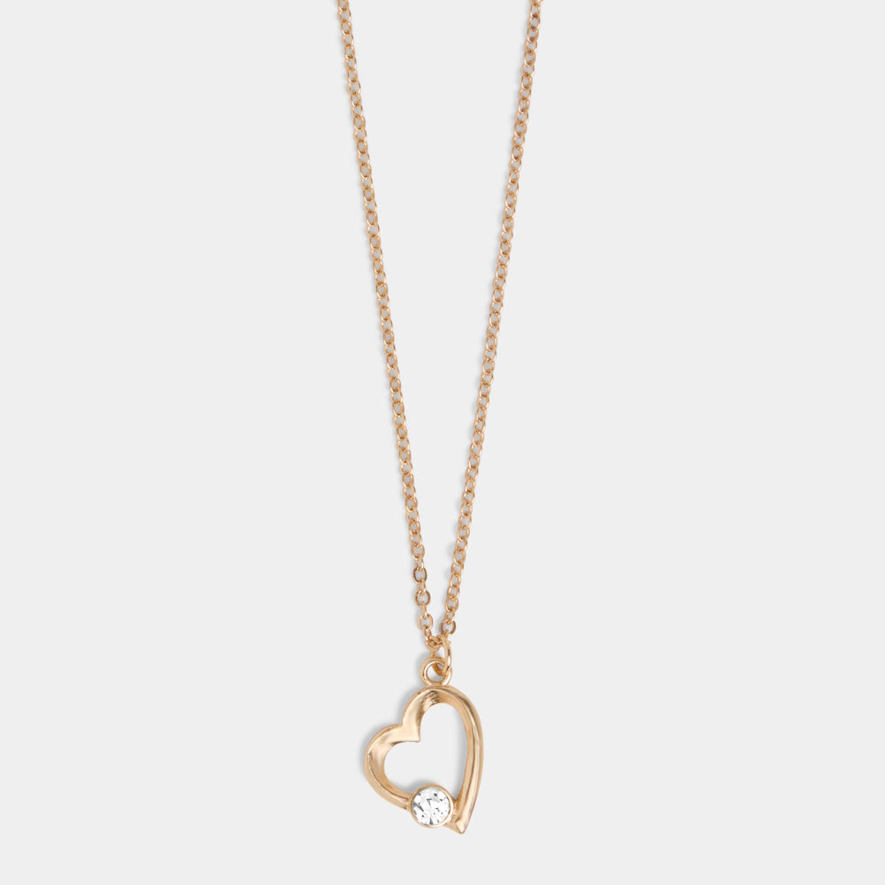 Delicate gold chain necklace featuring an open heart pendant accented with a small round crystal.