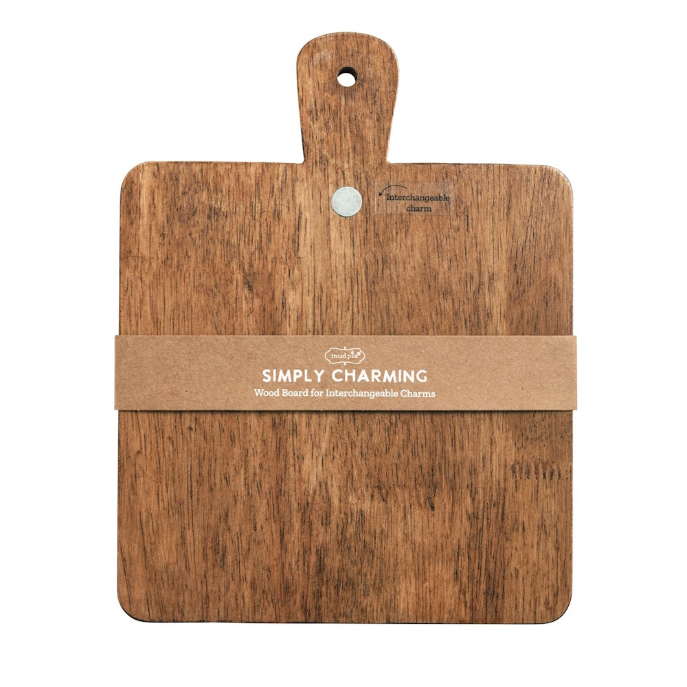 Mud Pie Simply Charming square wooden serving board with handle and interchangeable charm magnet.