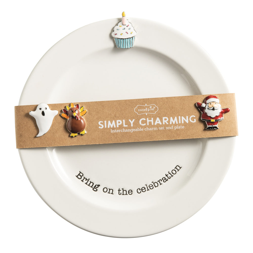Mud Pie Simply Charming ceramic plate set with interchangeable holiday charms for ghost, turkey, Santa, and cupcake.
