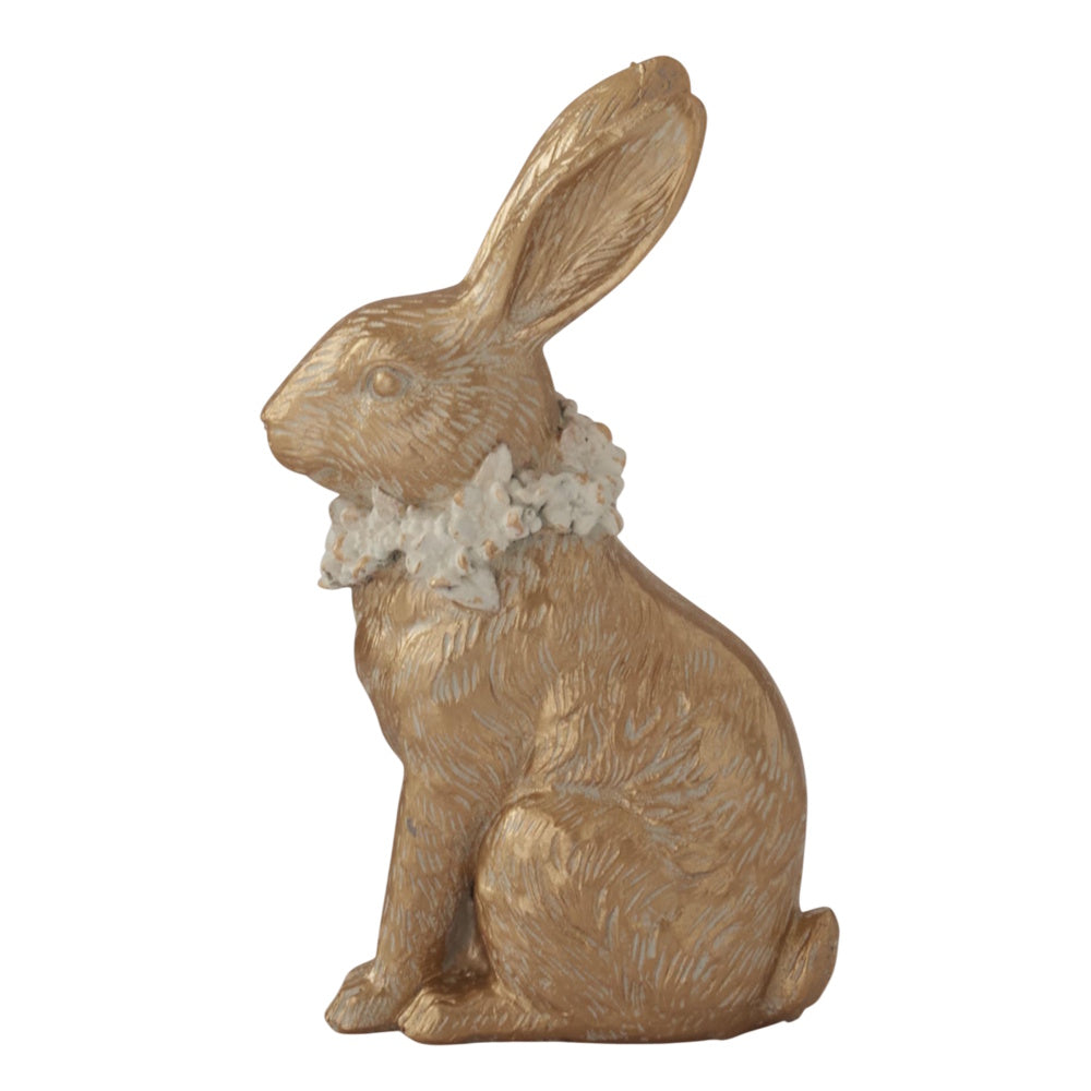 Gold resin Easter bunny figurine with a white floral collar and textured metallic finish on a white background.
