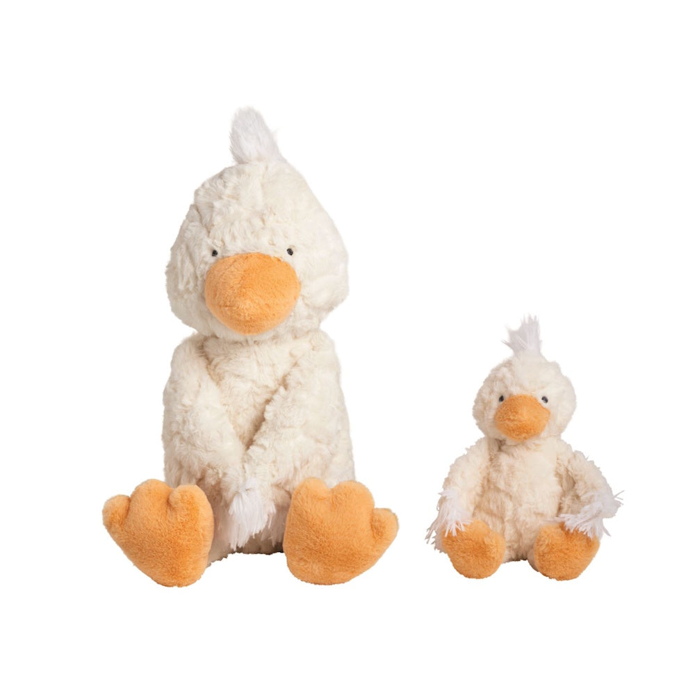 Mama and baby white duck plush toy set with orange beaks and feet sitting on a white background.