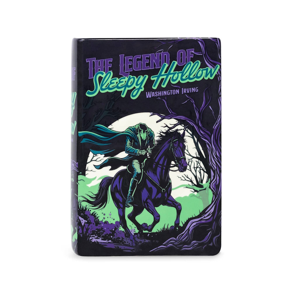 Book-shaped ceramic vase featuring "The Legend of Sleepy Hollow" cover art with a Headless Horseman illustration.