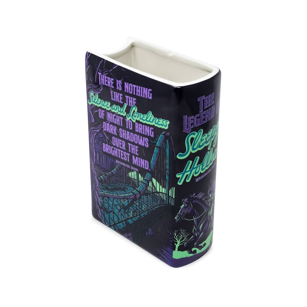 Book-shaped ceramic vase featuring The Legend of Sleepy Hollow artwork with quote typography and spine title.