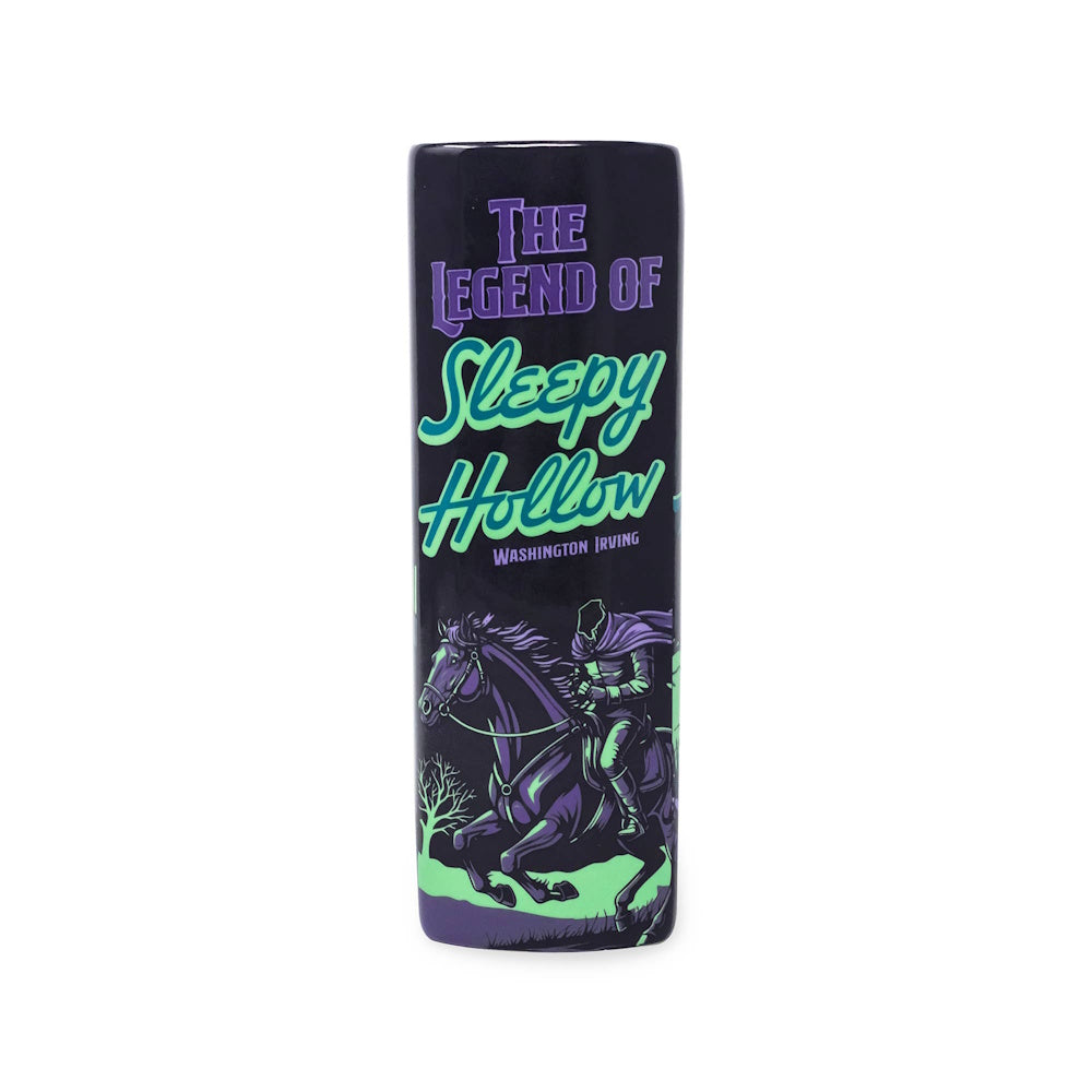 Black book-shaped vase featuring "The Legend of Sleepy Hollow" title and Headless Horseman illustration.