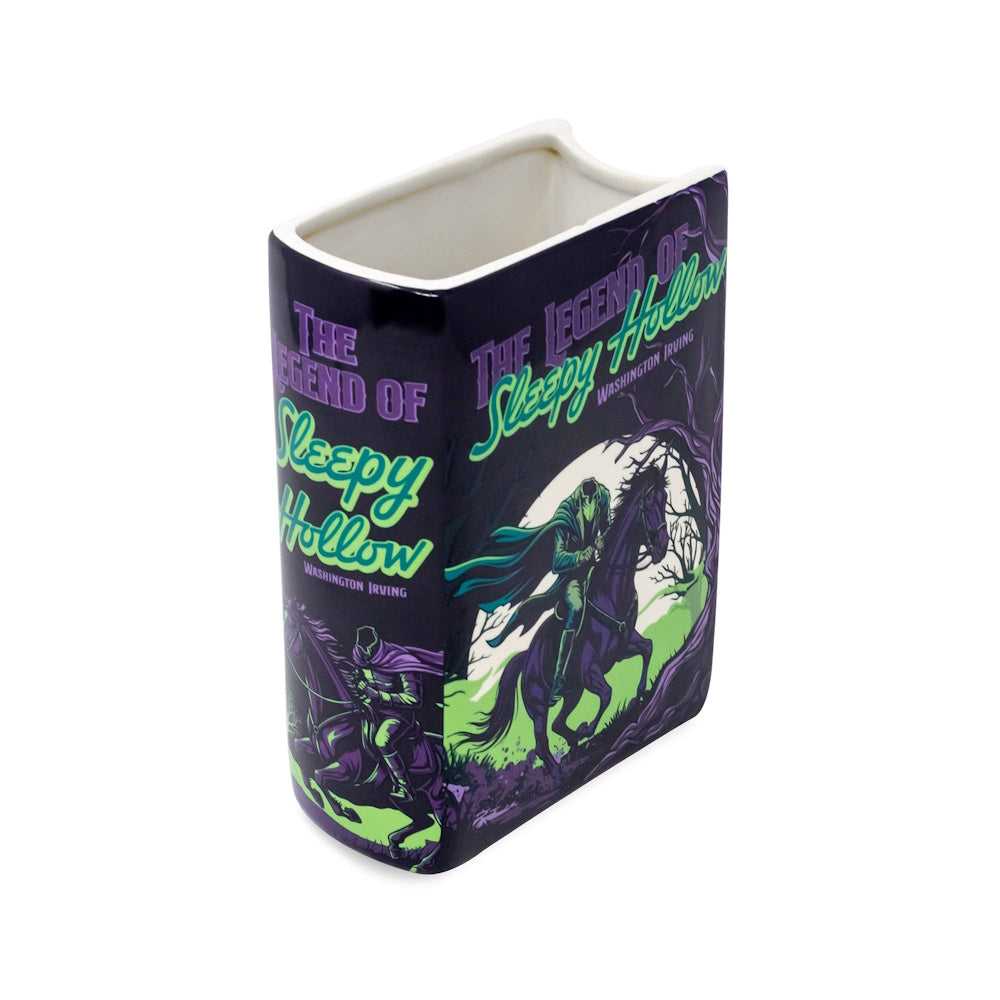Ceramic book-shaped vase featuring artwork and typography for "The Legend of Sleepy Hollow" by Washington Irving.