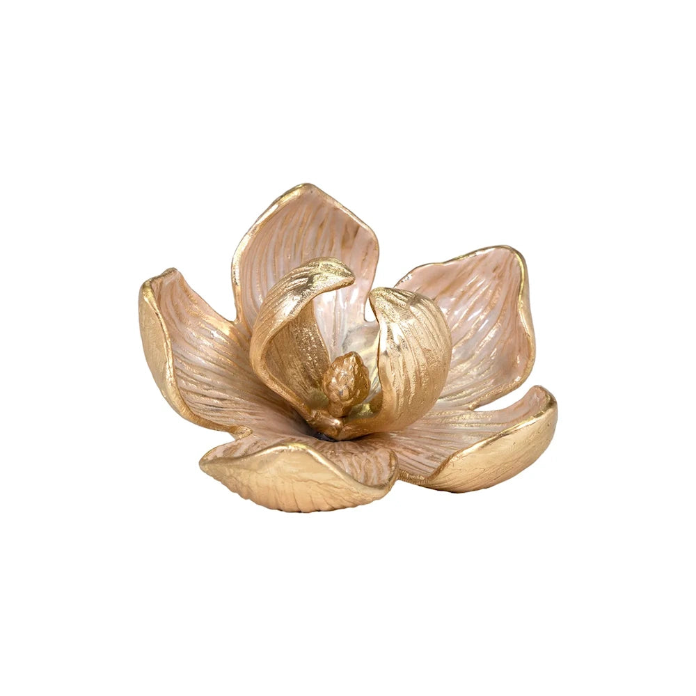 A small gold and pale pink flower sculpture with open petals and a detailed center, on a white background.
