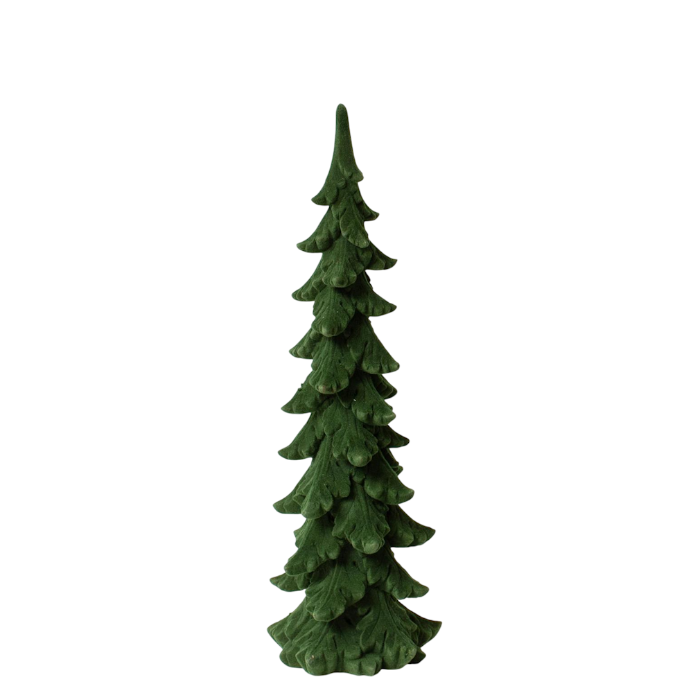 Small dark green alpine pencil fir tree figurine on a white background.