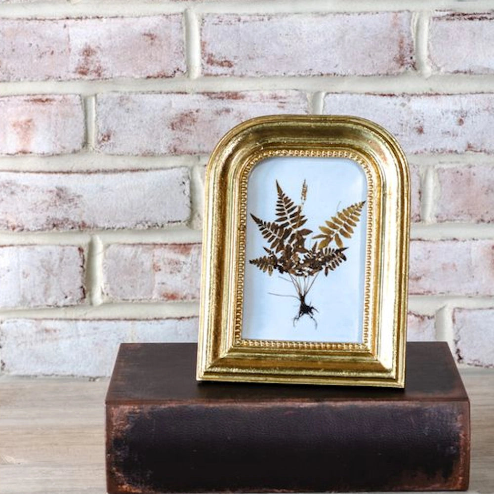Gold arched resin frame with pressed dried fern leaves on a vintage book against a white brick wall.