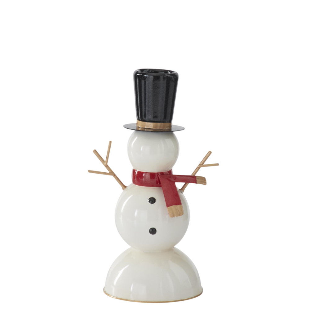 Small white metal snowman taper candleholder wearing a black top hat and a red scarf.