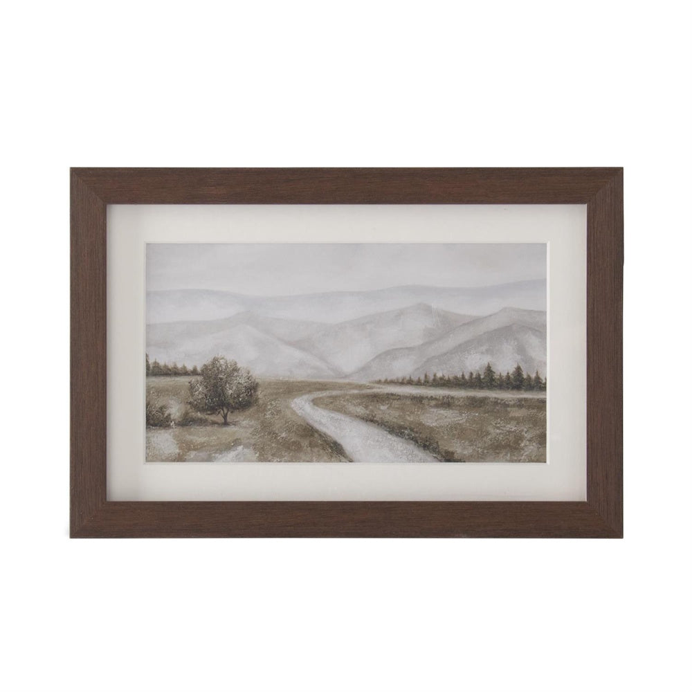 Framed watercolor landscape painting of rolling hills and a winding path in muted earth tones and a brown wood frame.