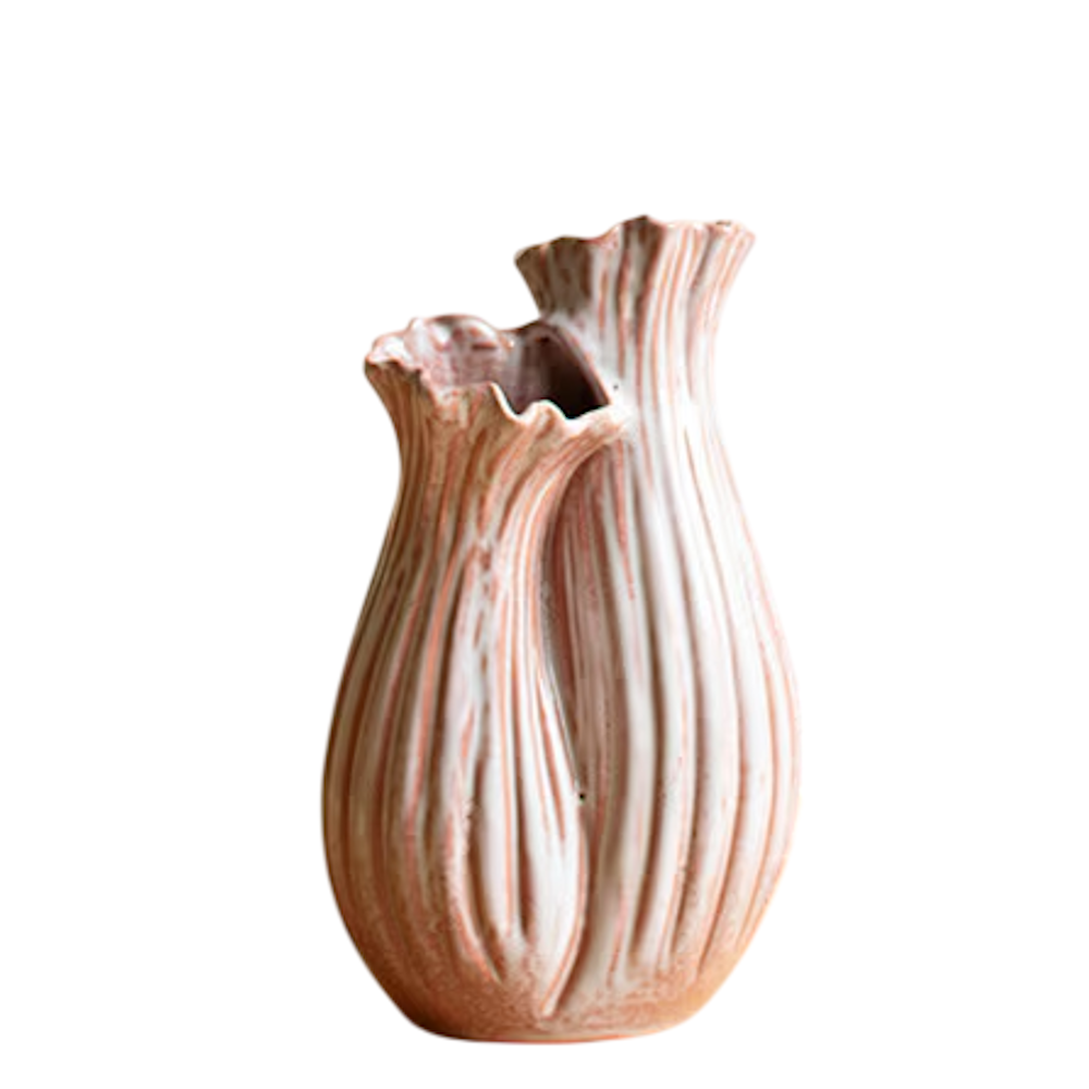 Organic fluted ceramic vase with a white and terracotta glaze and a wavy, dual-opening rim.