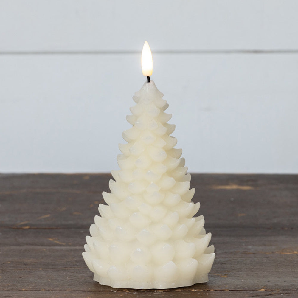 Cream-colored flameless LED candle shaped like a pine tree with a lit flame tip.