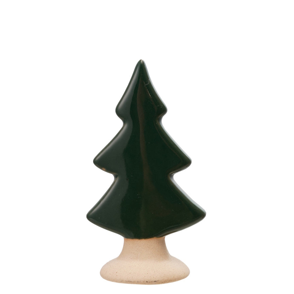 Dark green ceramic Christmas tree figurine on a natural unglazed base.