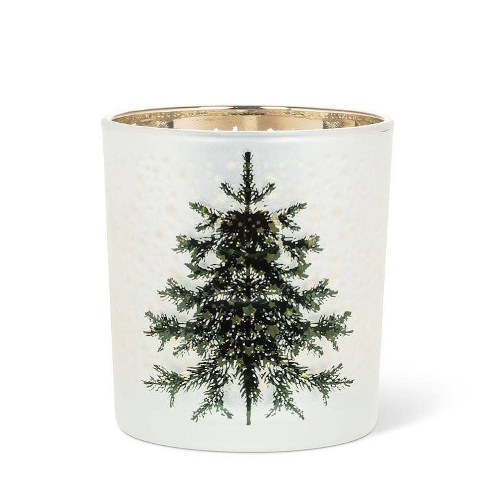 Frosted glass votive candle holder featuring a detailed green pine tree on a plain white background.