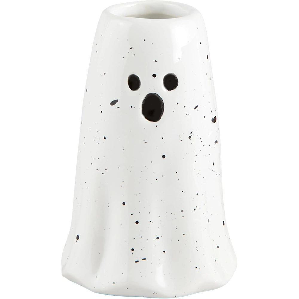 Small white speckled ceramic ghost vase with a spooky face cutout on a white background.