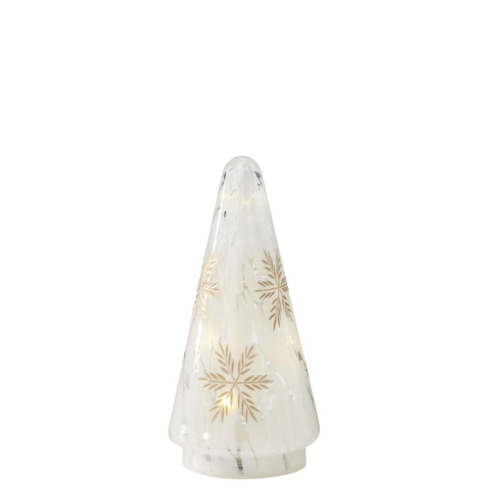 Small frosted glass LED Christmas tree with gold-etched snowflake pattern and warm internal lighting.