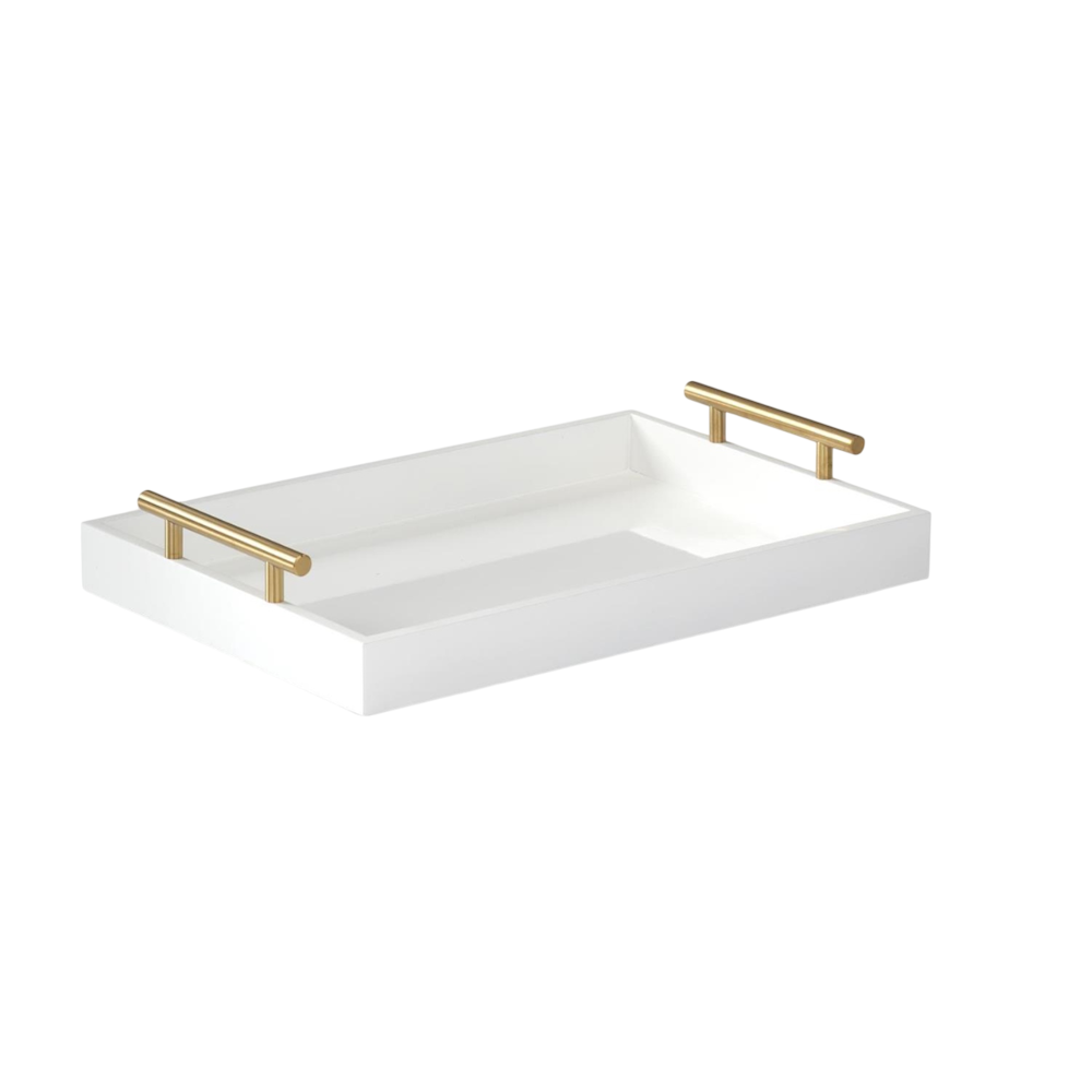 Rectangular white decorative tray with gold-toned metal handles on each side on a white background.