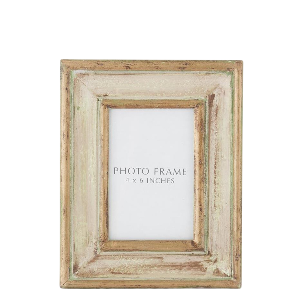 Handmade 4x6 green and gold patina carved wood photo frame with a distressed vintage finish on a white background.