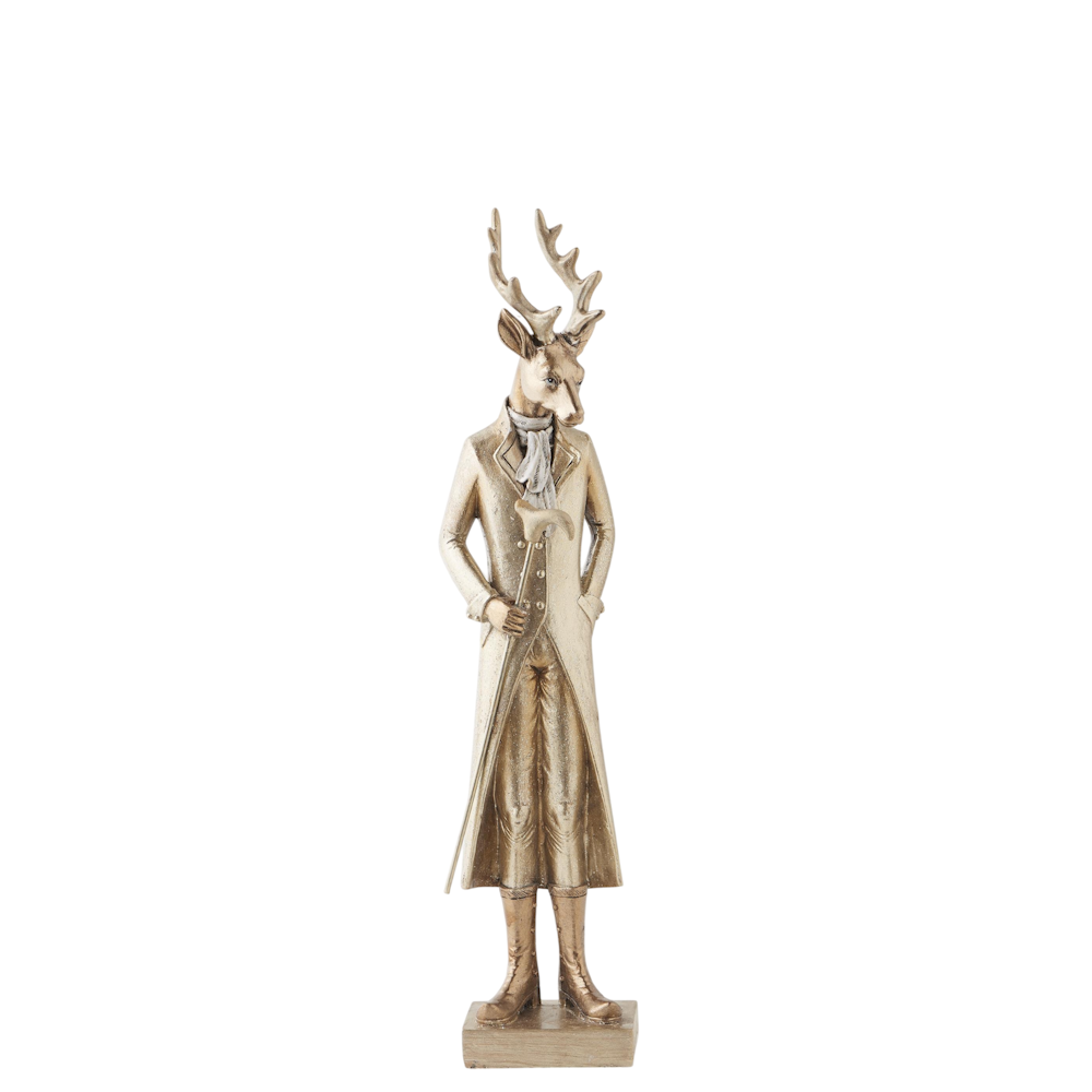 A small gold resin standing deer figurine dressed in a vintage coat and scarf, holding a walking stick.