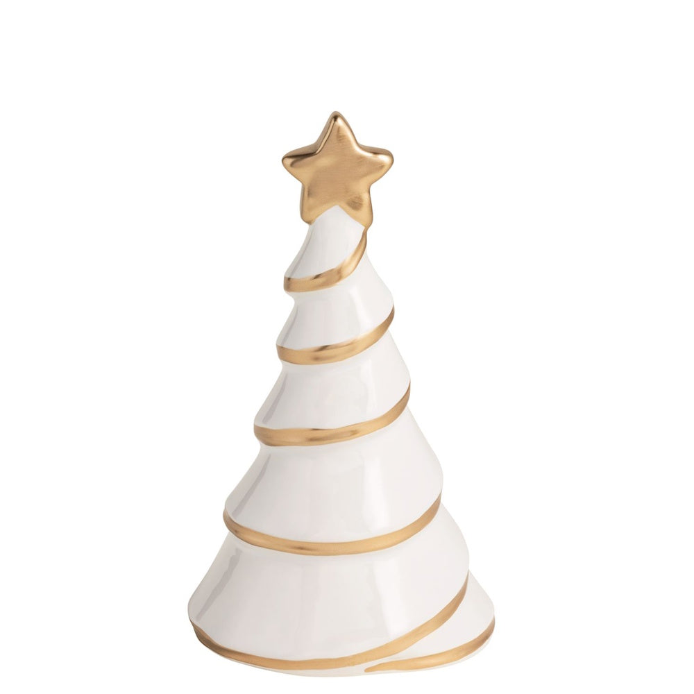 White ceramic Christmas tree figurine with gold swirl accents and a gold star topper.