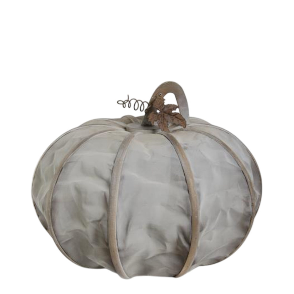 Decorative gray mesh pumpkin with wooden ribs, a stem handle, and a metal leaf.