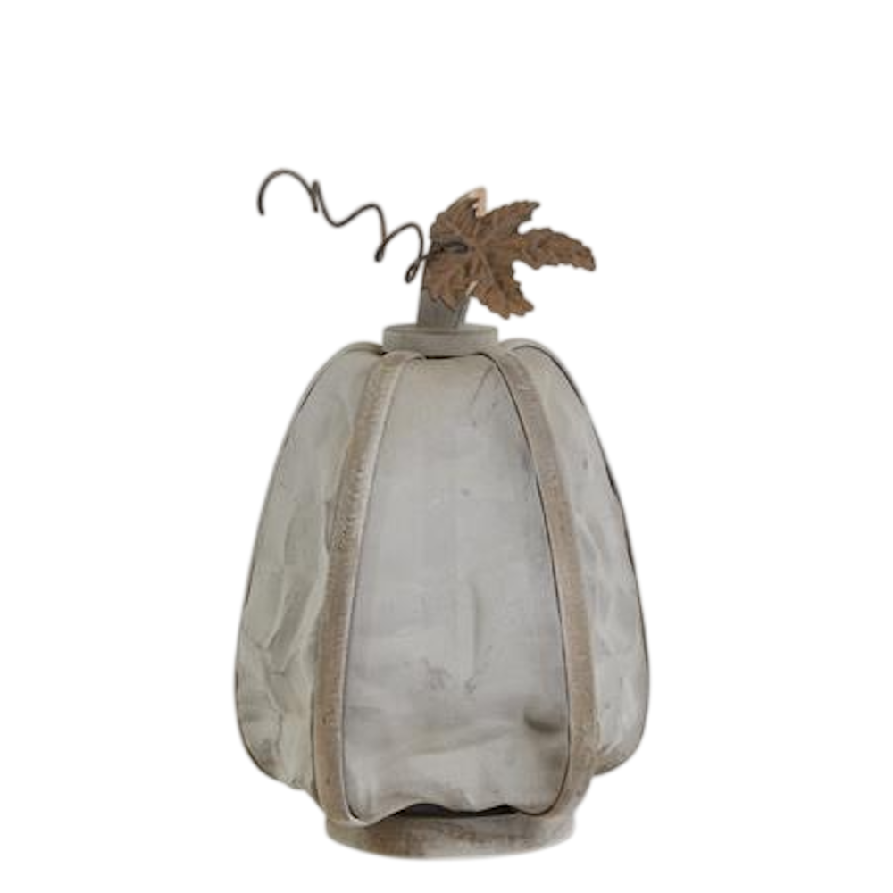 A small, light gray rustic pumpkin figurine with a metal leaf and a curly wire vine on top.
