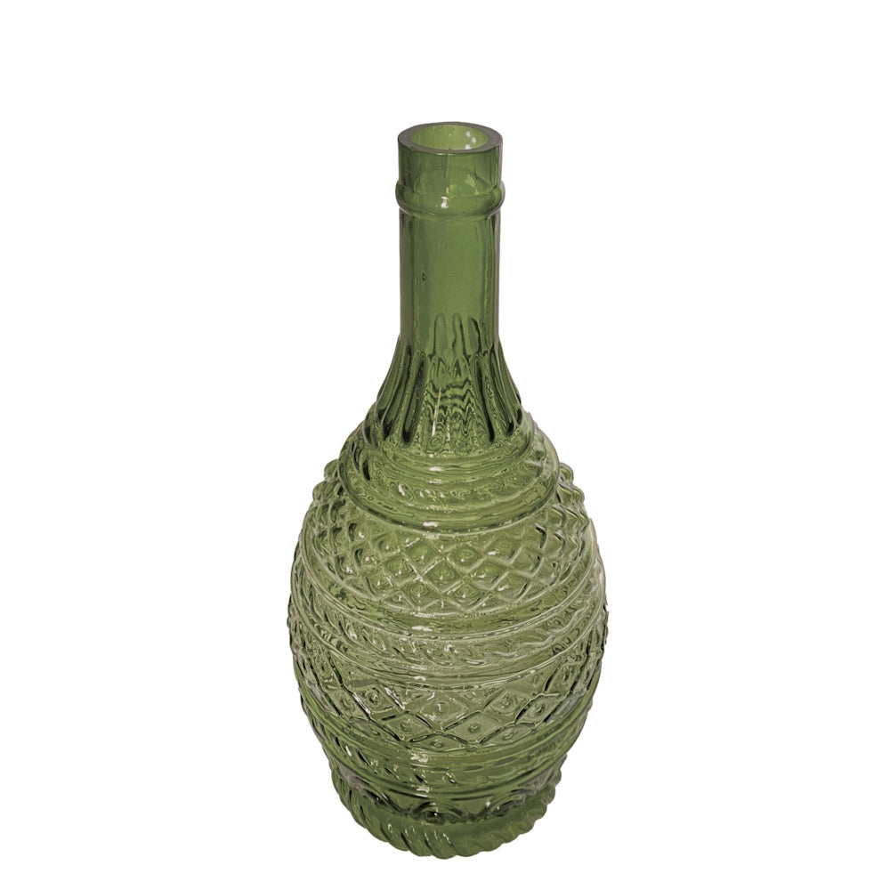 Green glass bottle-style vase with embossed diamond patterns and a narrow neck.