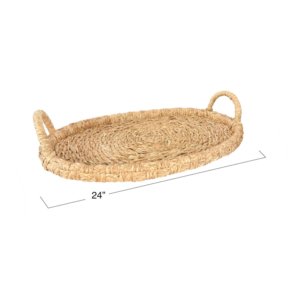 Oval woven seagrass tray with side handles and a 24-inch dimension line on a white background.