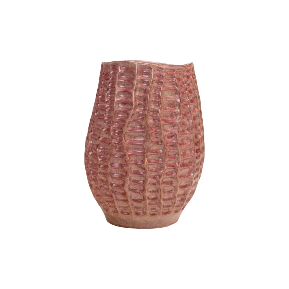 Mauve ceramic vase with a textured, ribbed surface resembling rows of small horizontal indentations.
