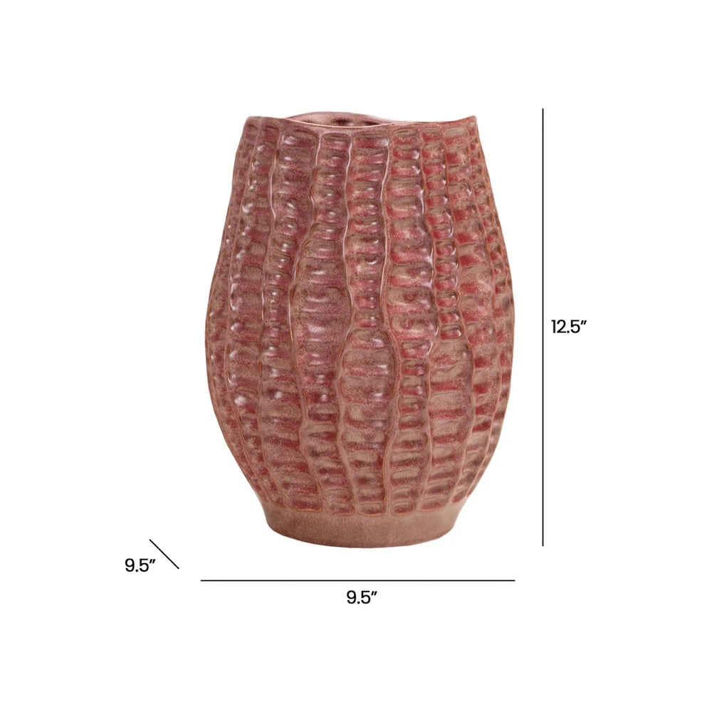 A textured reddish-brown ceramic vase with dimensions of 12.5 inches high and 9.5 inches wide.