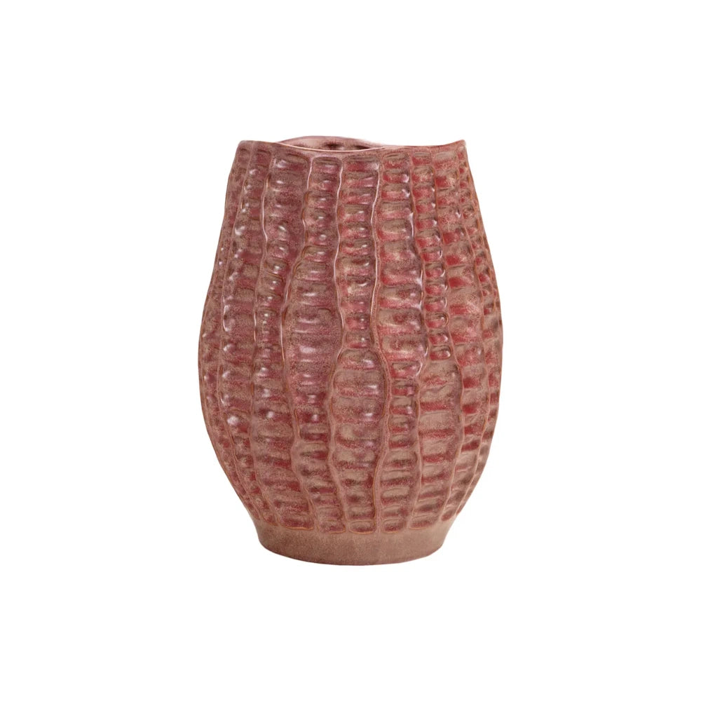 A textured, reddish-brown ceramic vase with vertical ridges and a wavy rim against a white background.
