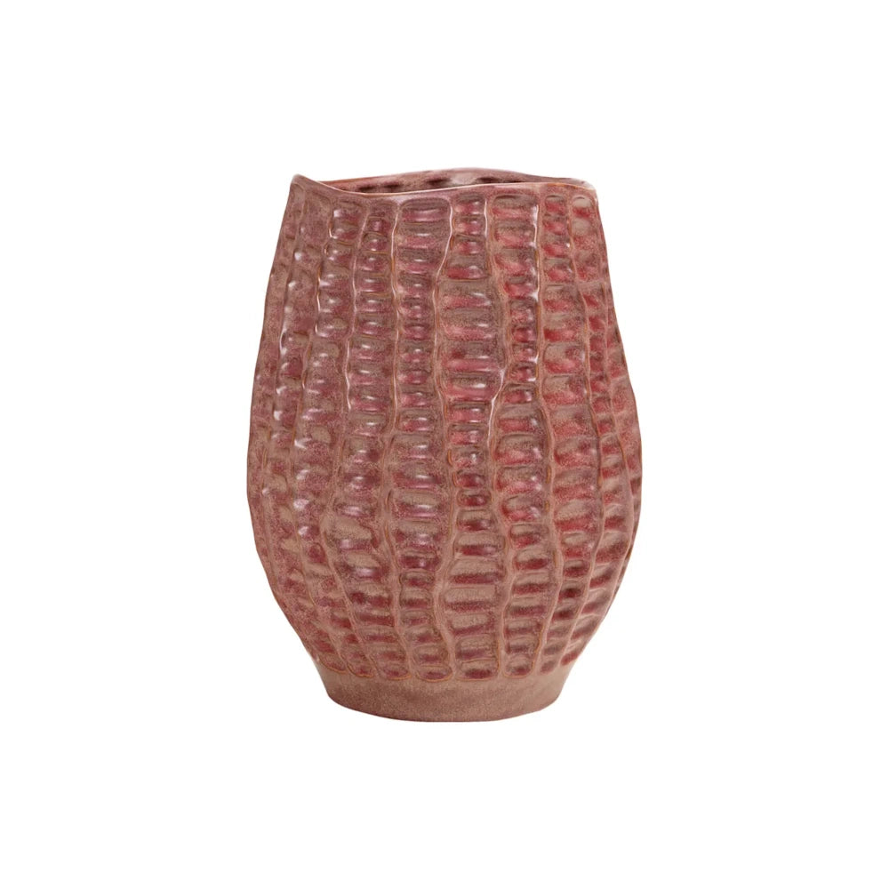Textured ceramic vase in a dusty rose hue featuring an organic, ribbed surface and a slightly uneven rim.