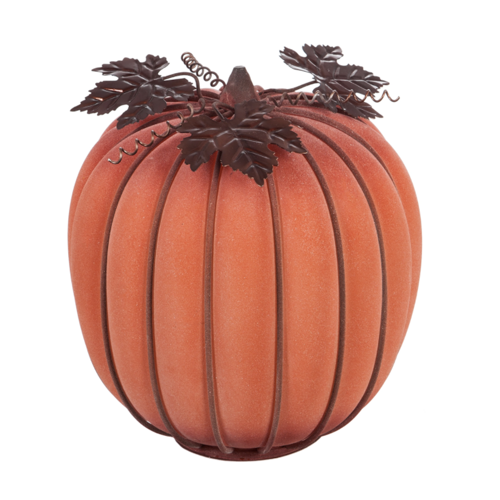 Frosted orange glass pumpkin with dark metal leaf accents and curly tendrils.