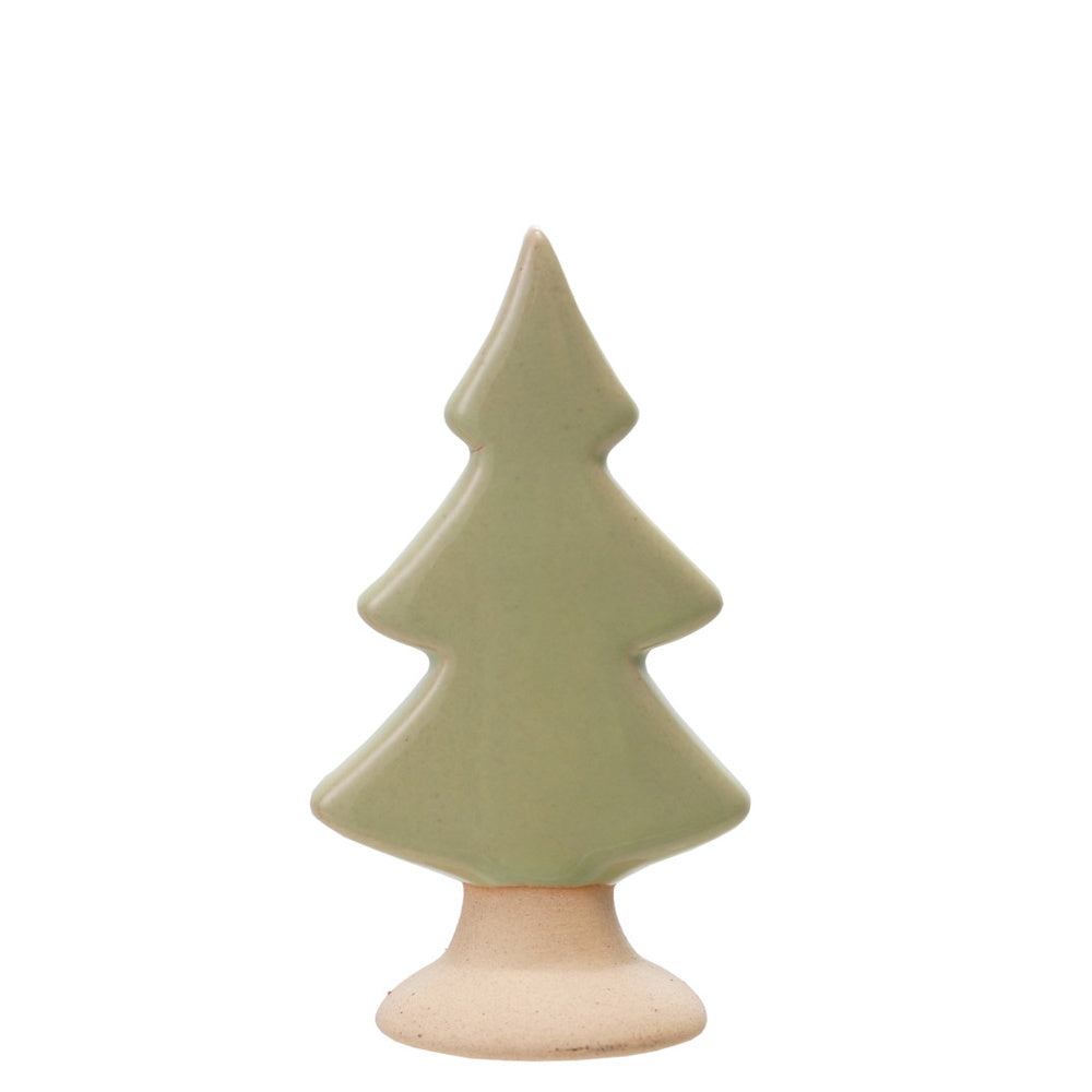 Small light green ceramic pine tree figurine with an unglazed beige base on a white background.