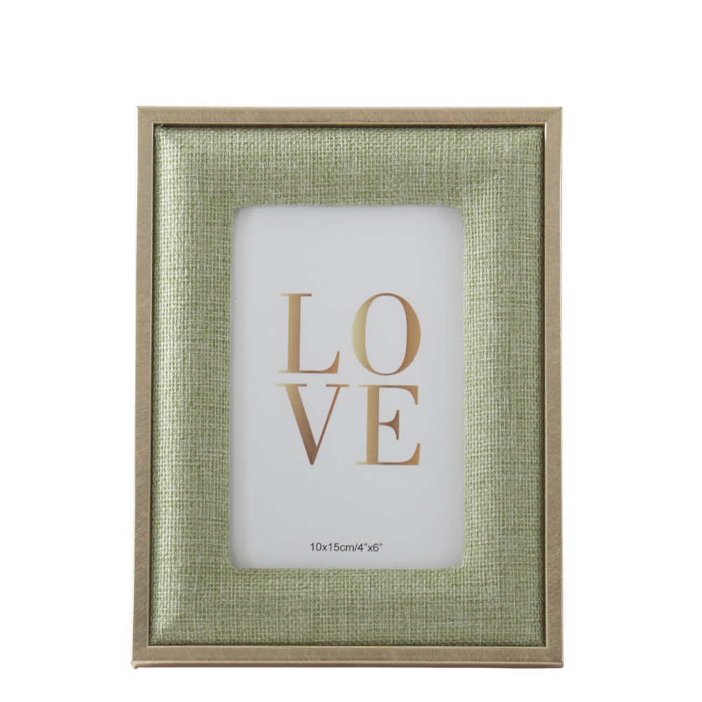 Light green woven linen photo frame with gold metal trim, featuring a "LOVE" insert. Elegant home decor picture frame.