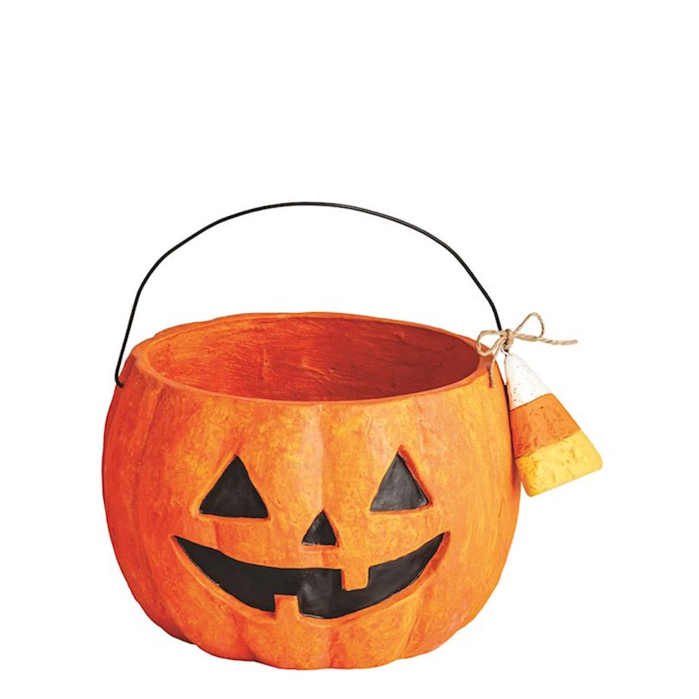 Small paper mache Jack-o'-lantern Halloween treat bucket with wire handle and candy corn tag