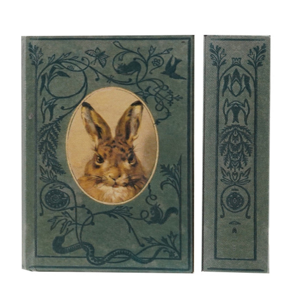 Vintage green book cover and matching spine featuring an oval portrait illustration of a rabbit.