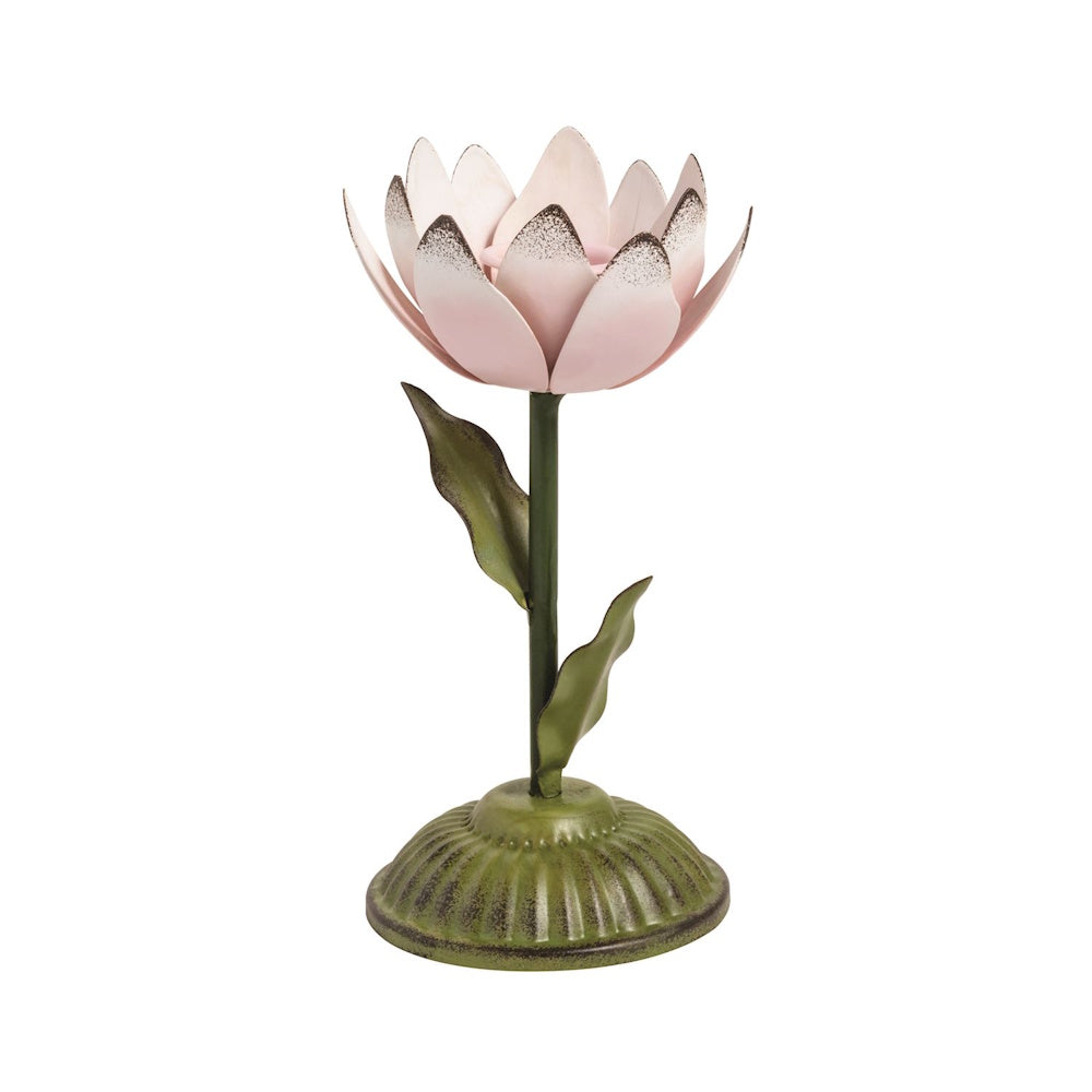 Pink metal lotus flower candle holder with green stem and base, vintage-style home decor on a white background.