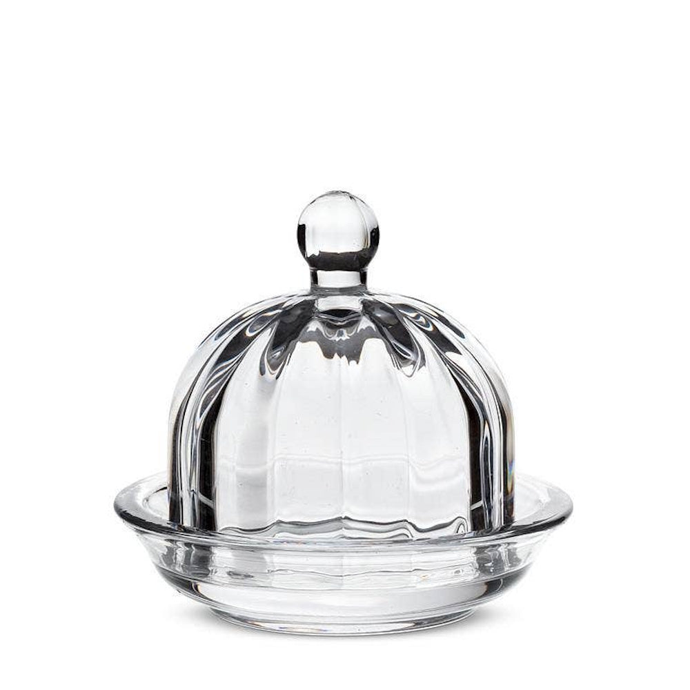 Small round clear glass dish with a ribbed optic cloche lid and ball knob handles.