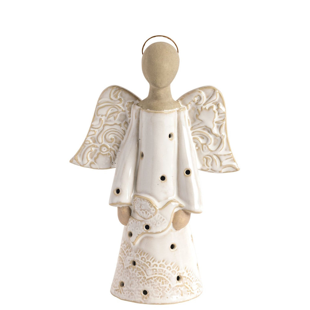 White ceramic angel figurine with pressed lace patterns, cutout holes, and a wire halo.