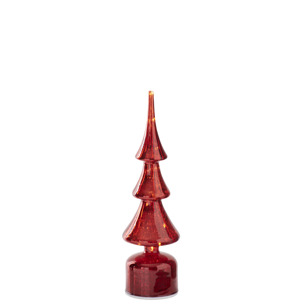 A single illuminated red glass Christmas tree decoration set against a plain white background.