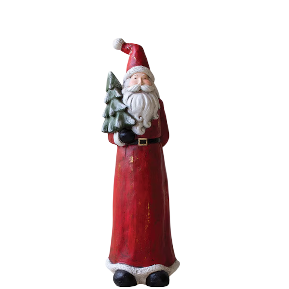 Tall resin Santa Claus figurine holding a green Christmas tree on a plain white background.