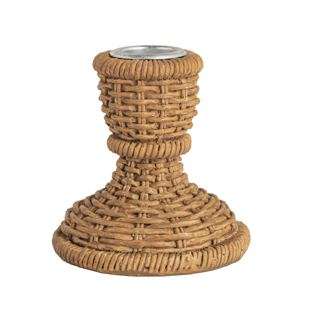 Woven resin taper candle holder in a natural brown wicker style with a silver metal insert on a white background.