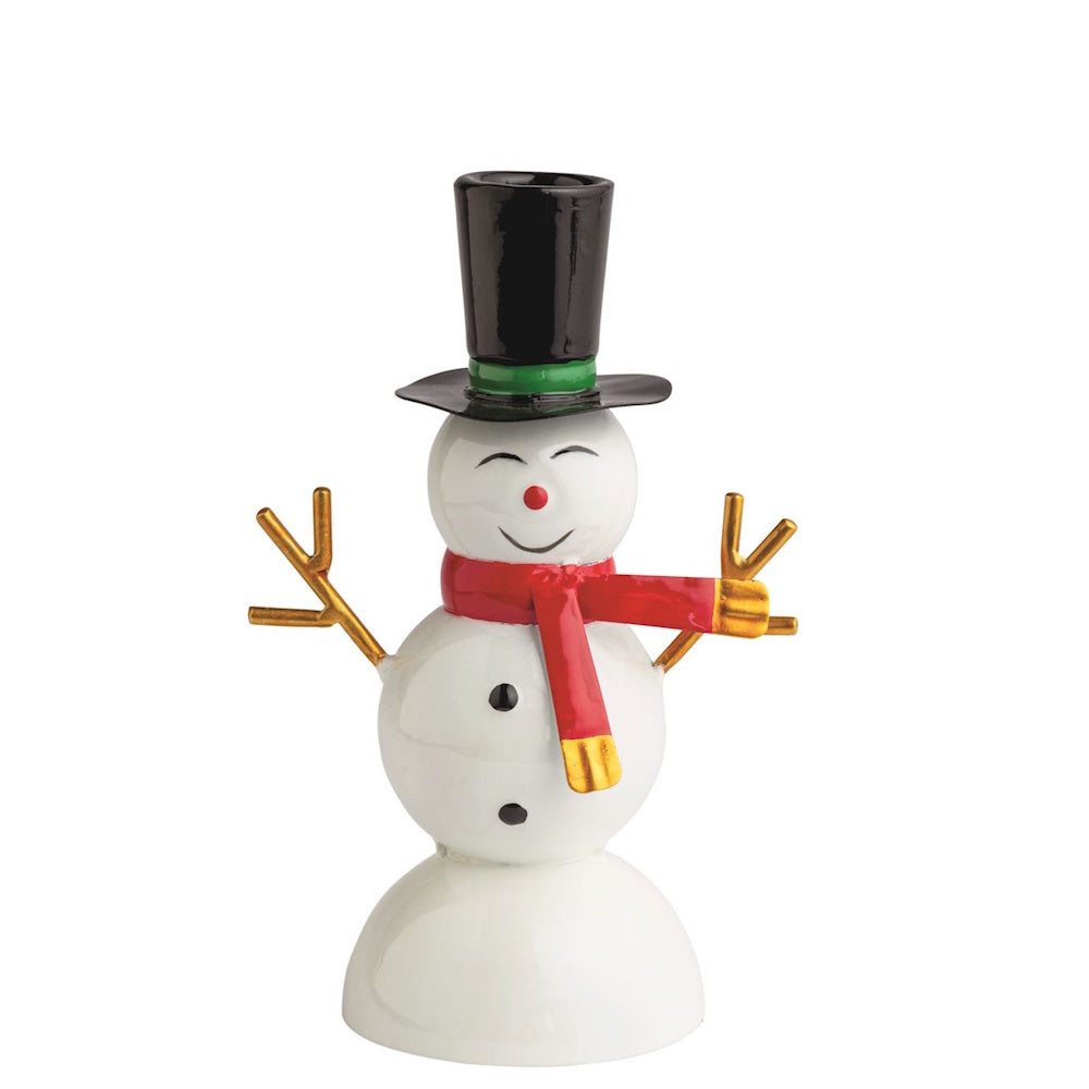 Small snowman taper candle holder featuring a top hat, red scarf, and gold twig arms.