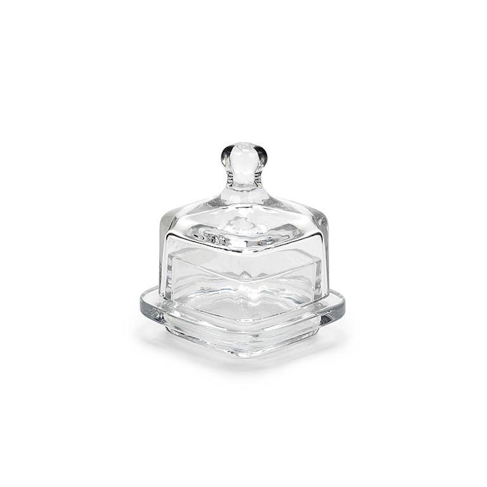 A small, clear glass square covered dish with a matching domed lid and round handle knob.