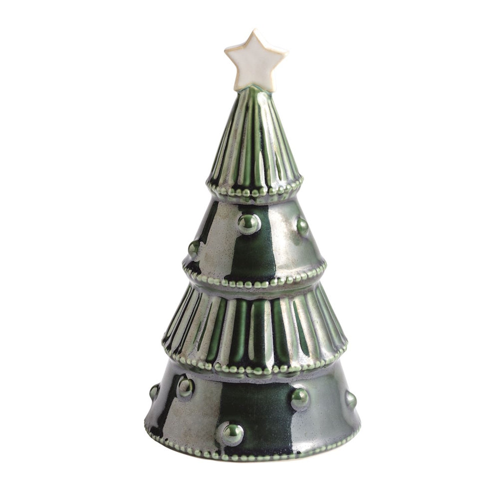 Green ceramic Christmas tree figurine topped with a white star.
