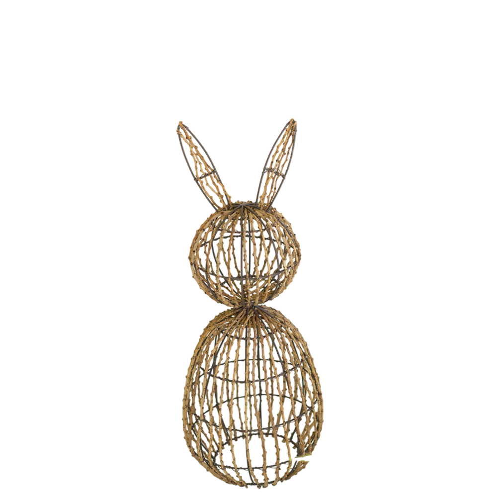 Decorative rabbit sculpture made of woven brown twigs over an iron wire frame on a white background.