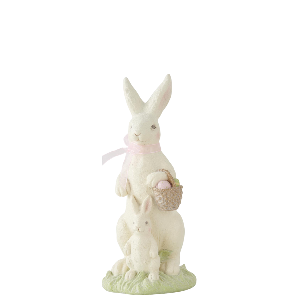 White resin glittered bunny figurine with a baby rabbit and an Easter egg basket.