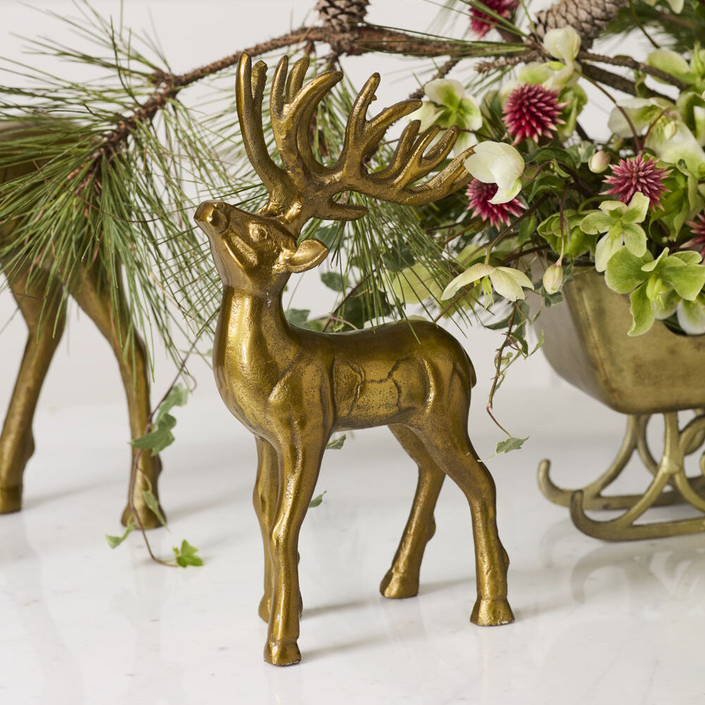 Gold reindeer figurine displayed beside a holiday sleigh arrangement with pine branches and flowers.